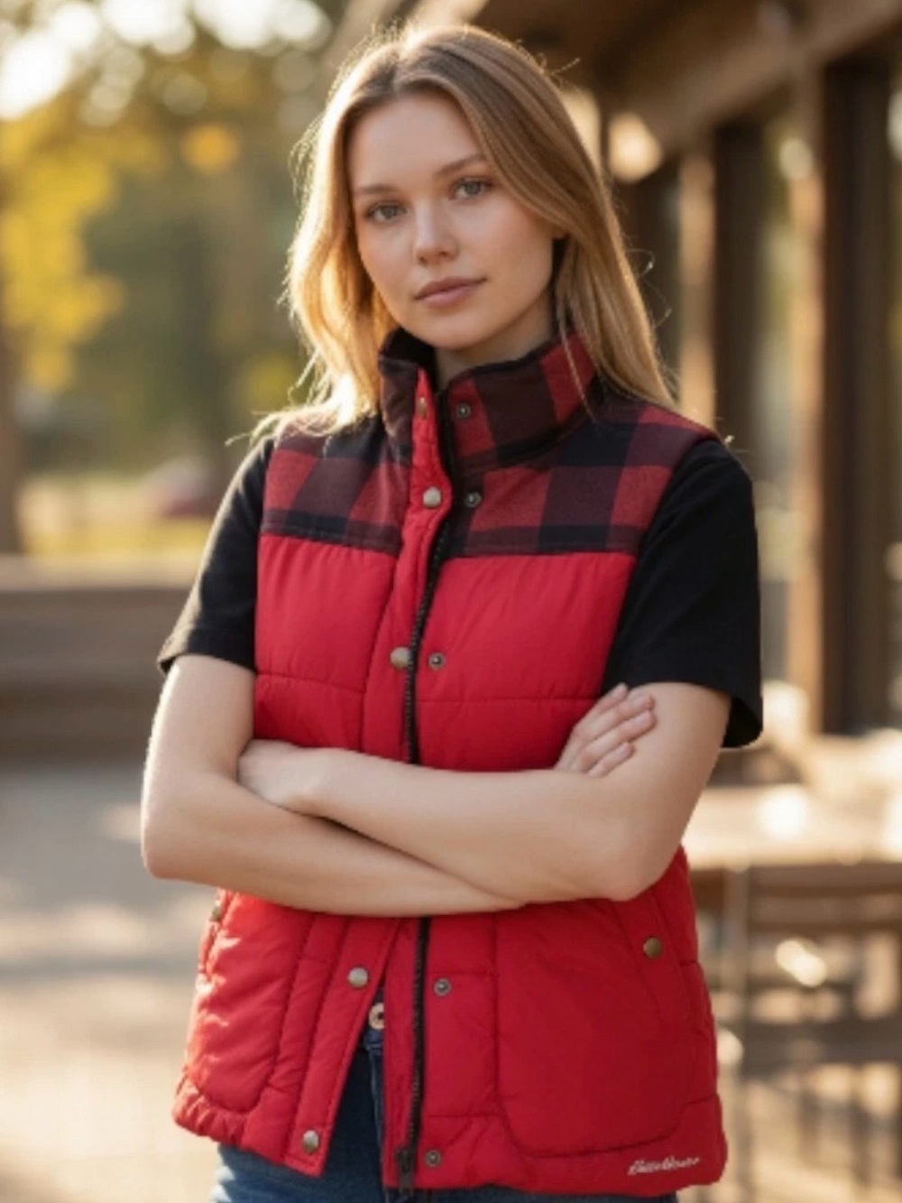 Eddie Bauer Women’s Red Quilted Vest with Black & Red Buffalo Plaid Collar